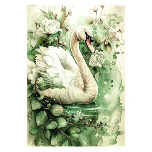 Graceful Swan Design Teal Greenery Floral Blank Art Postcard Frameable Gift